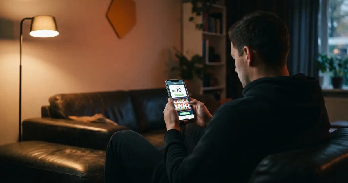 Een Nederlandse speler kijkt naar een smartphonescherm met een casino-stortingspagina waarop €10 en een slotspel zichtbaar zijn; op de achtergrond een gedempte waarschuwingskleur.