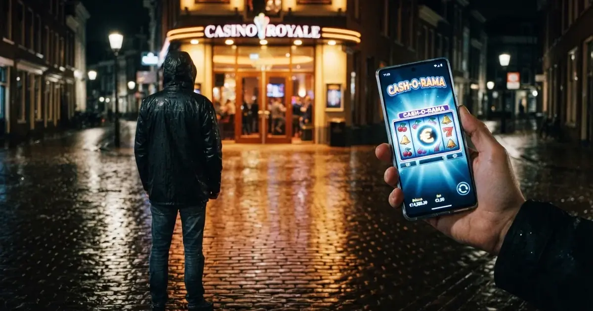 Een verlichte casino-entree 's nachts naast een smartphone met een Nederlandse online casino-interface, beide actief