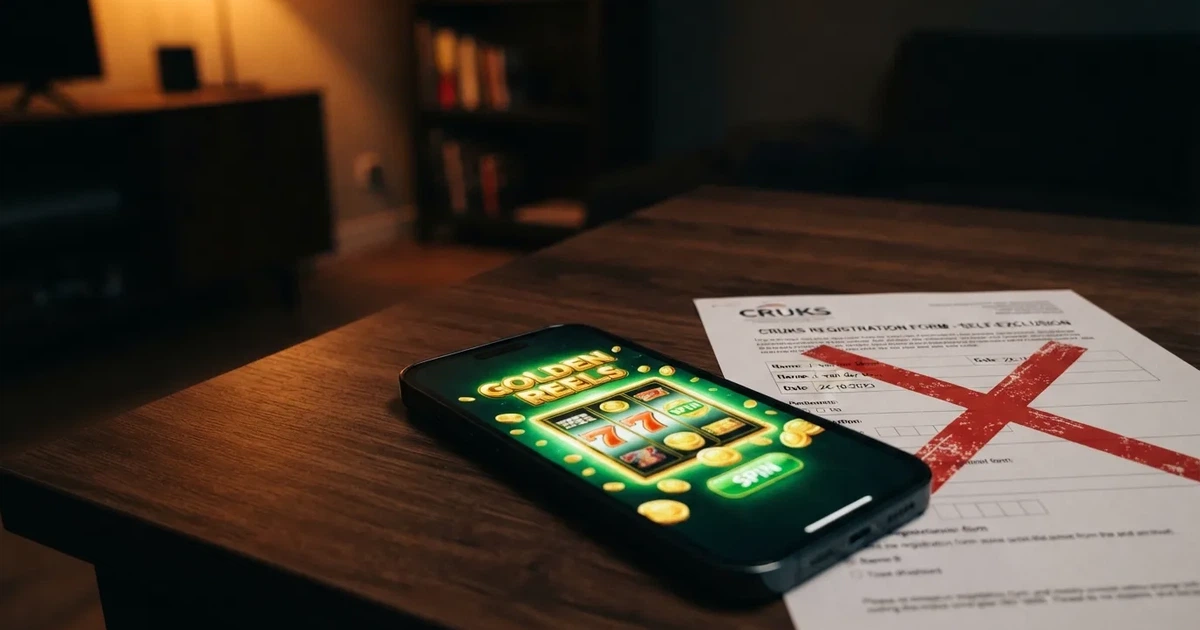 Smartphone met een online gokkast en daarnaast een doorgestreept registratiescherm van Cruks