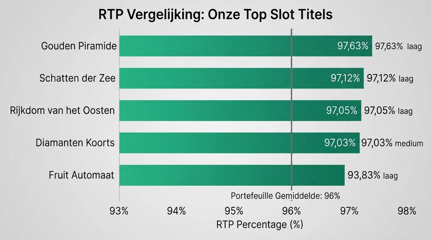 Vijf Amatic gokkasten met hun RTP-percentages en volatiliteit naast elkaar weergegeven