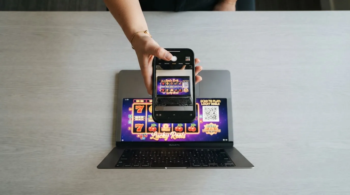 Hand die met een smartphone een QR-code scant boven een laptop met een casino