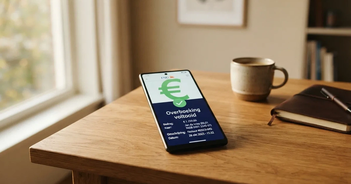 Een bankapp op een smartphone toont een afgeronde SEPA-overschrijving naar een online casino