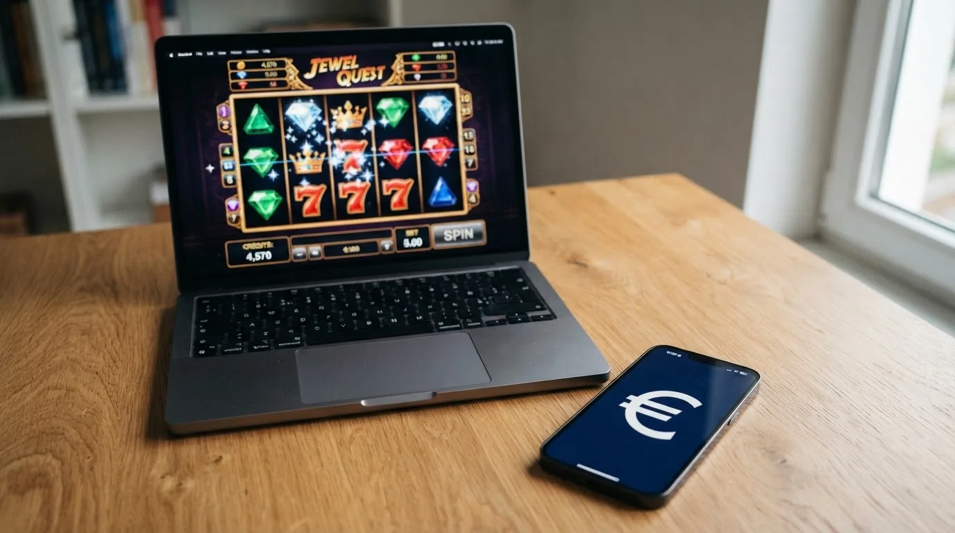 Een laptopscherm toont een kleurrijke online gokkast en een live blackjack-tafel, met een smartphone die een Bitcoin Cash-wallet weergeeft op de voorgrond