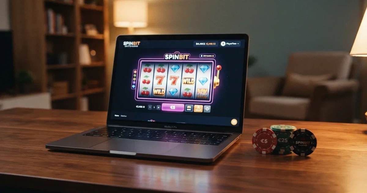 Een laptopscherm toont een crypto-casino-interface met een Bitcoin-munt en casino-chips ernaast op een bureau