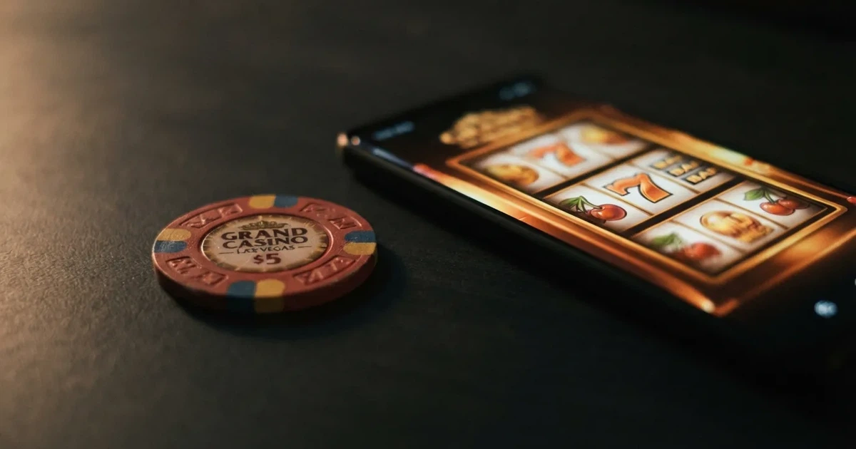 Een Bitcoin Cash-munt naast een mobiele telefoon met een casinospel in beeld, tegen een donkere achtergrond met het BCH-logo