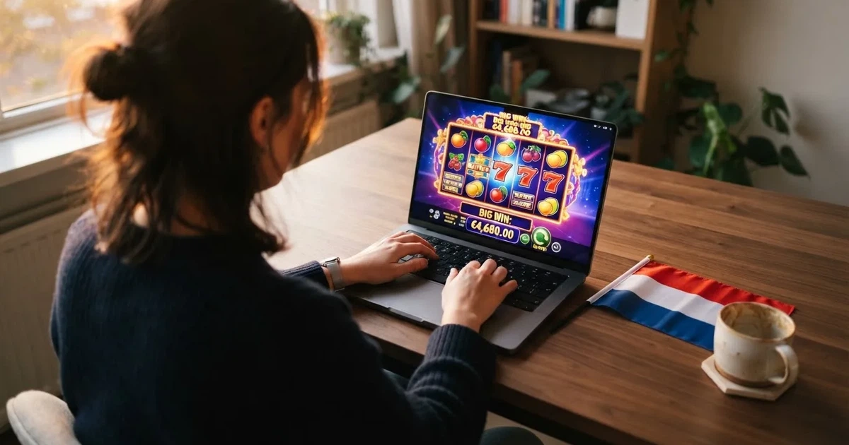 Een Nederlandse speler zit achter een laptop met een buitenlands online casino op het scherm, een Nederlandse vlag ligt subtiel op het bureau
