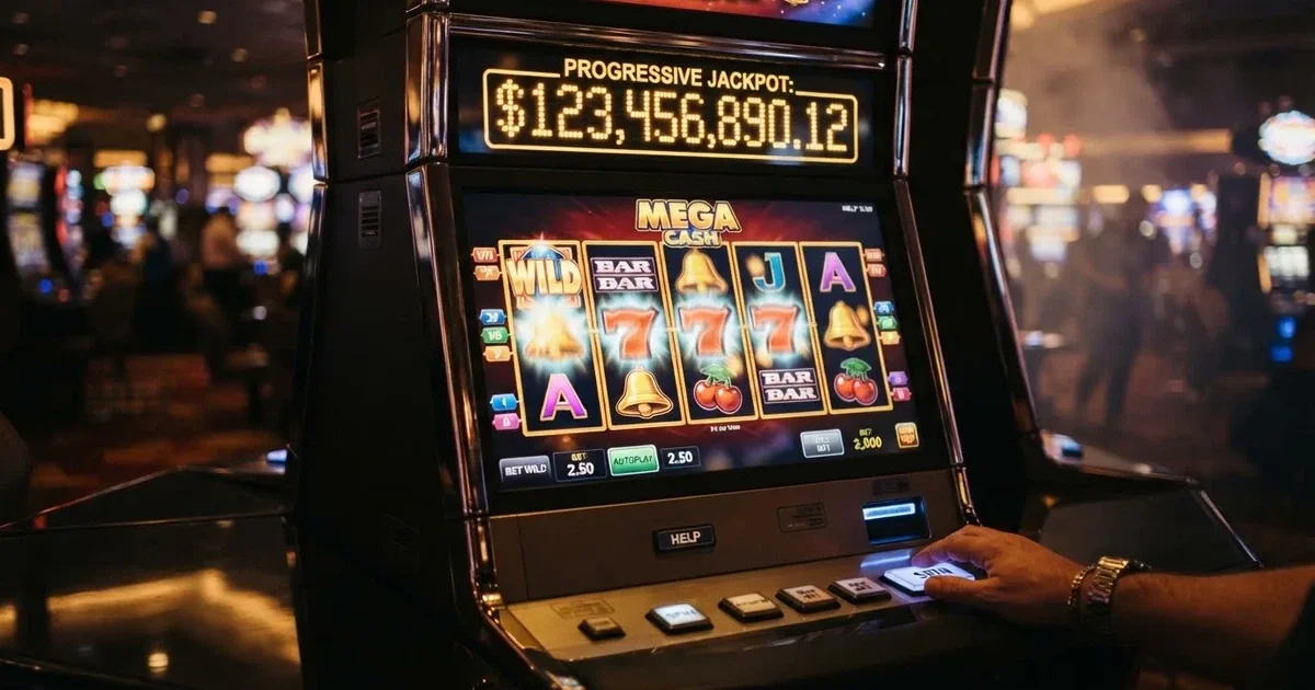 Close-up van een jackpot slot met rollen vol symbolen en een oplopende jackpot-teller