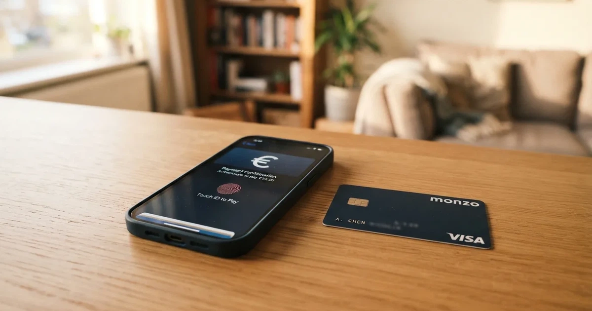 Een smartphone met een Apple Pay-betaalscherm, een betaalpas en een Face ID-bevestiging
