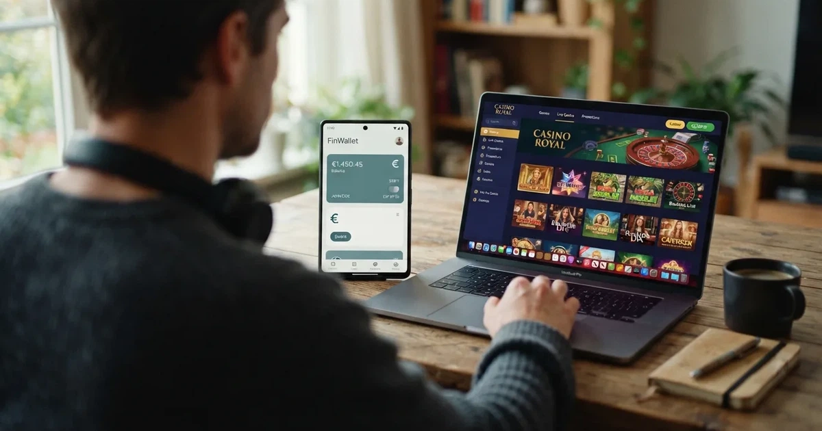 Een smartphone met de AstroPay-app en een virtuele MasterCard, naast een online casinolobby op een laptop