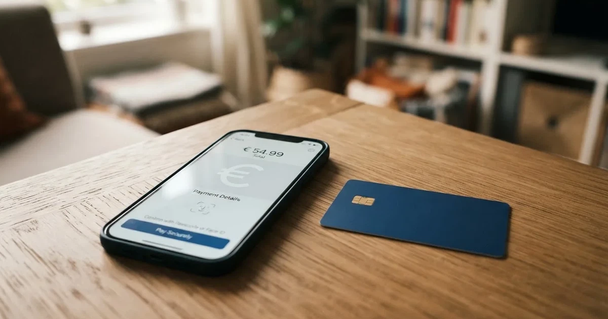 Smartphone met de Bancontact Pay-app naast een betaalpas op een tafel