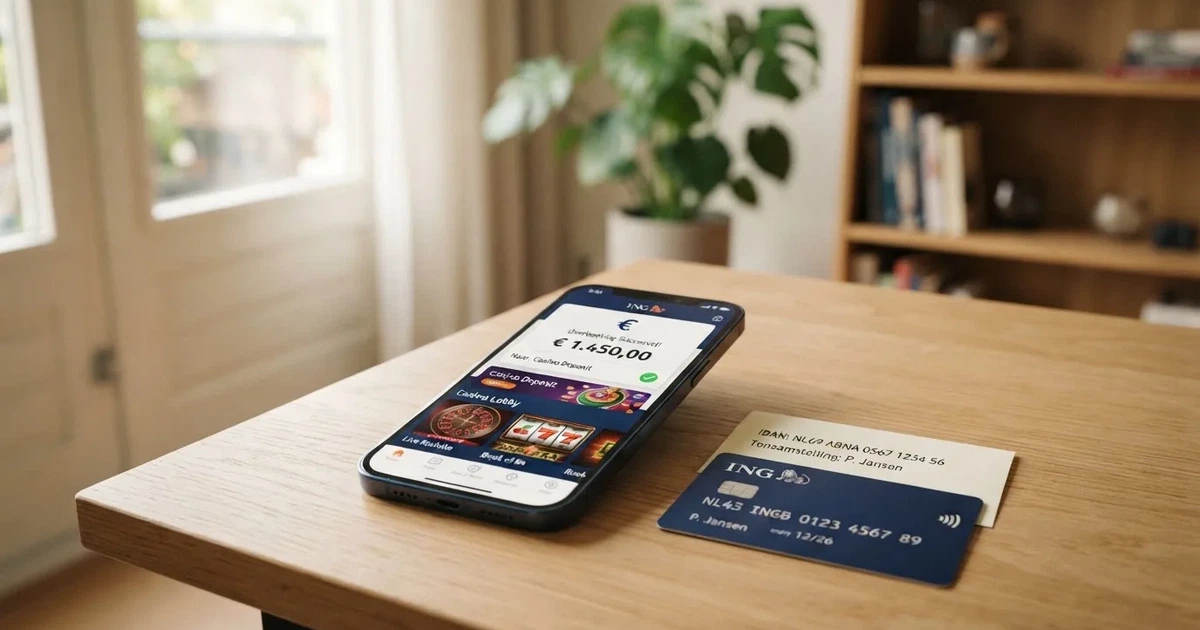Smartphone met een geopende bank-app en een online casino, met een bankpas en een IBAN-nummer ernaast