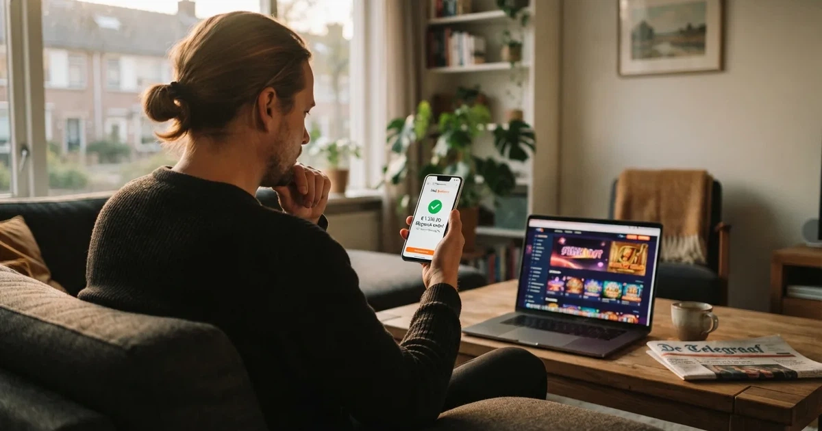 Een Nederlandse speler die op een smartphone een Brite-betaling bevestigt via de bank-app, met op de achtergrond een online casino-interface
