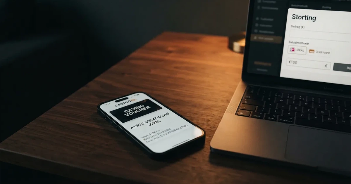 Een CashtoCode-voucher met 20-cijferige pincode op een smartphone-scherm, naast een laptop met een online casino-kassa open.