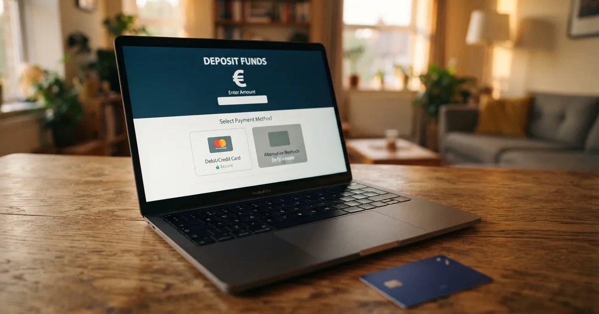 Een online casino-interface op een laptop met een creditcard ernaast op een tafel, het scherm toont een stortingspagina met Visa- en Mastercard-logo's