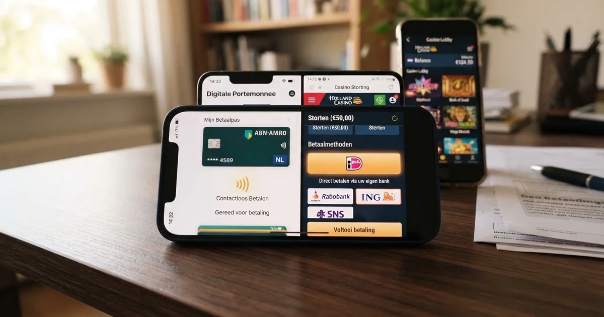 Smartphone met een Google Pay-betaalscherm naast een casino-betaalpagina met iDEAL
