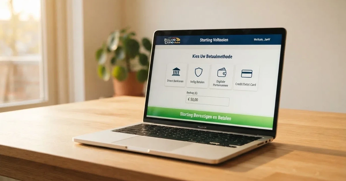 Betaalpagina van een online casino met de stortingsopties iDEAL, Trustly en PayPal op een laptopscherm