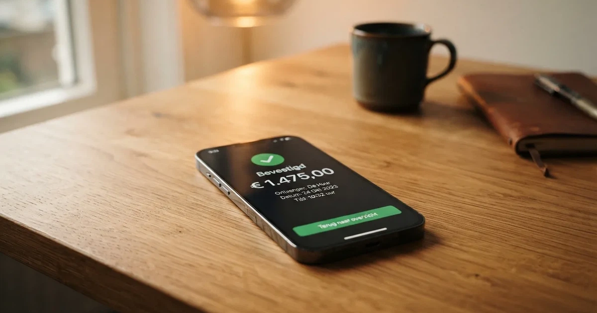 Smartphone met een Nederlandse bank-app waarin een iDEAL-betaling aan een online casino wordt bevestigd