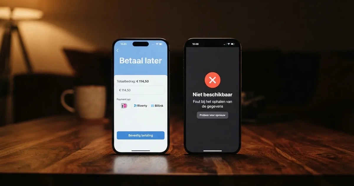 Twee smartphoneschermen naast elkaar: links een Klarna-app-interface met “Achteraf betalen” in beeld, rechts een rood waarschuwingspictogram met de tekst “Niet beschikbaar bij online casino's” in het Nederlands