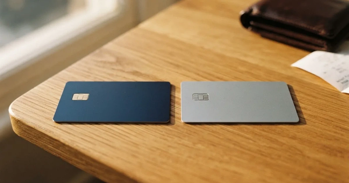 Een blauwe Maestro-betaalpas die naast een nieuwe Debit Mastercard-pas op een tafel ligt