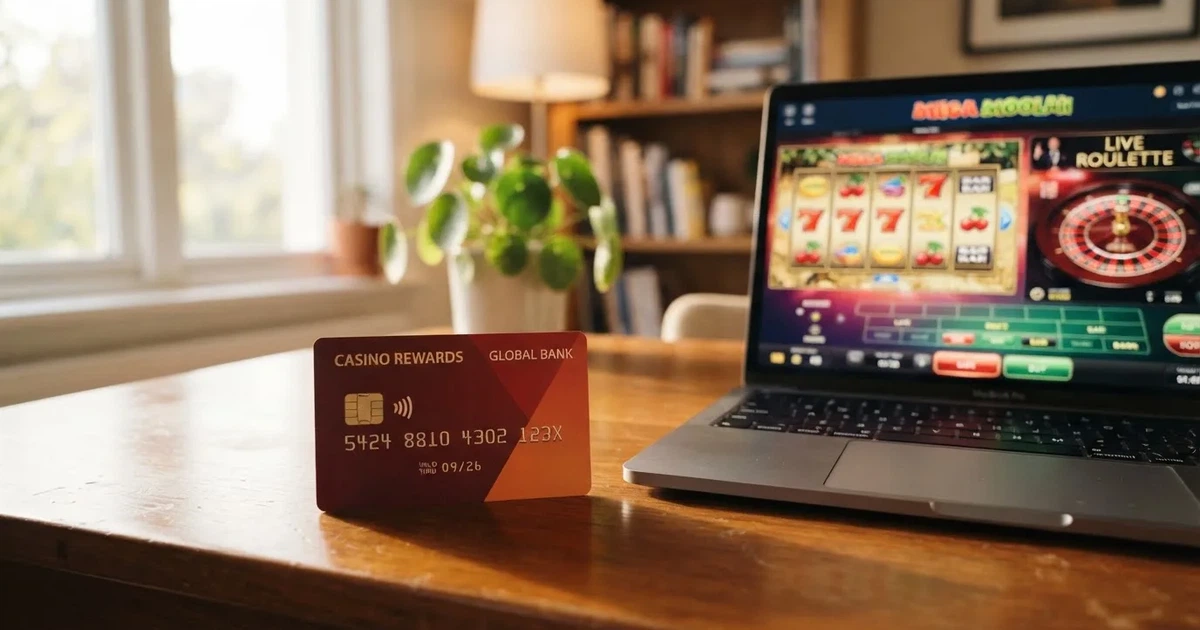 Een Mastercard-bankpas ligt naast een laptop met daarop een online casino