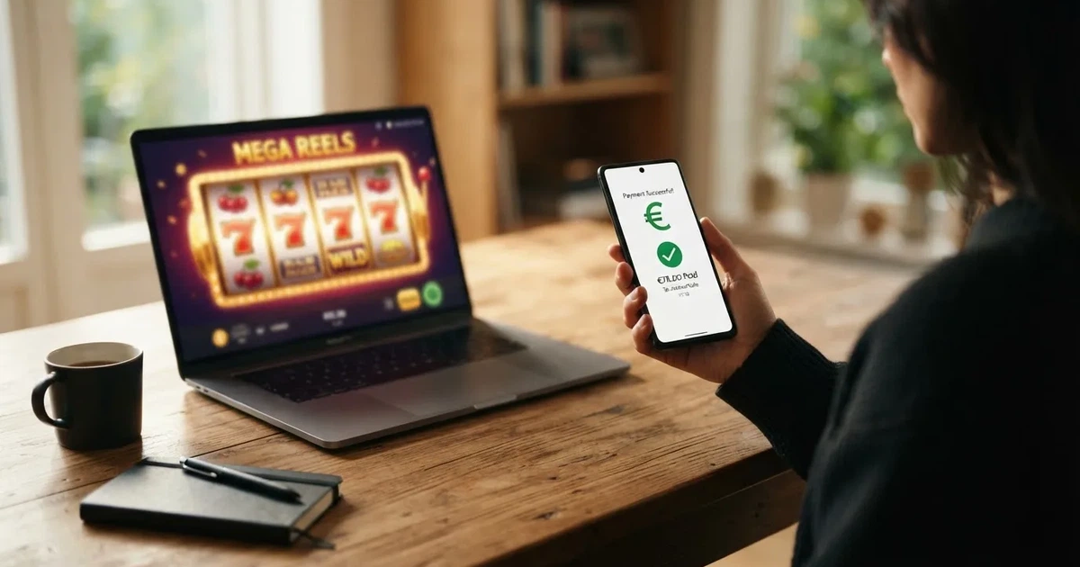 Smartphone met de MuchBetter-app naast het scherm van een online casino