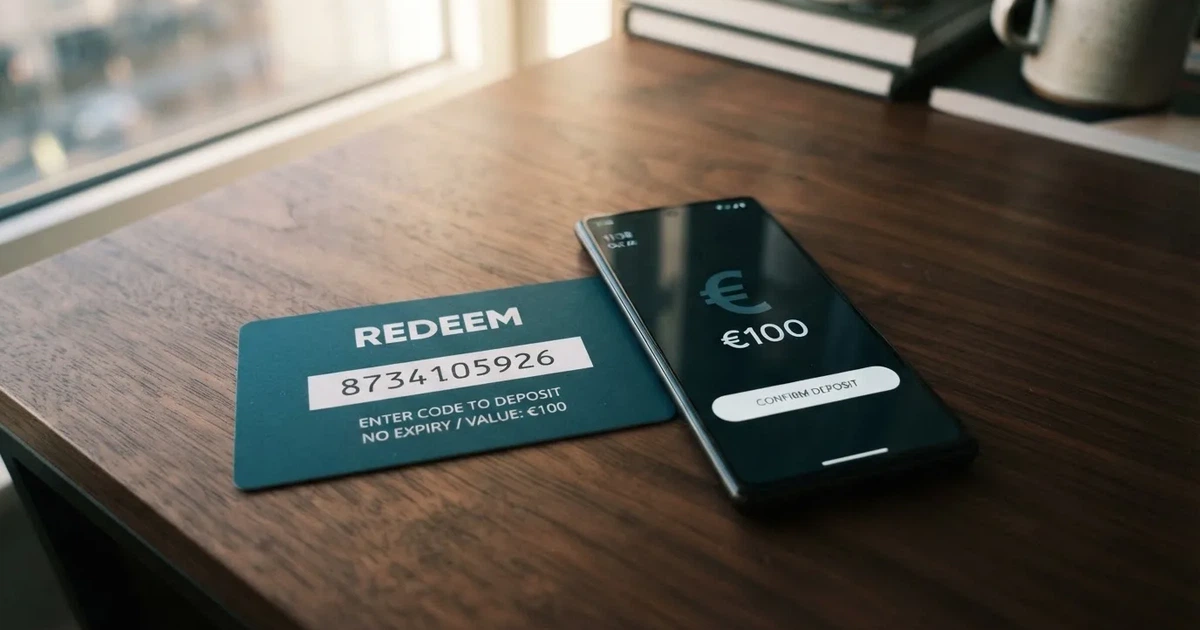Een Neosurf-voucher met een 10-cijferige code, naast het scherm van een smartphone waarop de stortingspagina van een online casino met iDEAL-logo zichtbaar is