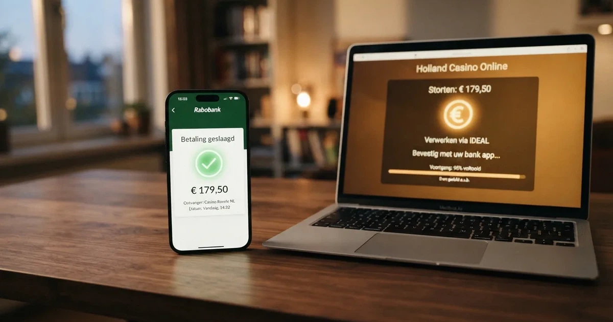 Een smartphone met een open bank-app naast een casino-stortingsscherm