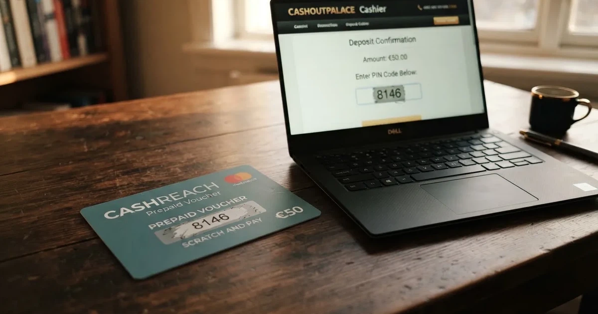 Een Paysafecard-voucher met afgekraste pincode naast een geopende casinopagina op een laptop