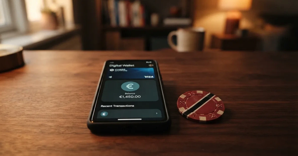 Skrill-wallet open op een smartphone, naast een doorgestreept casino-icoon