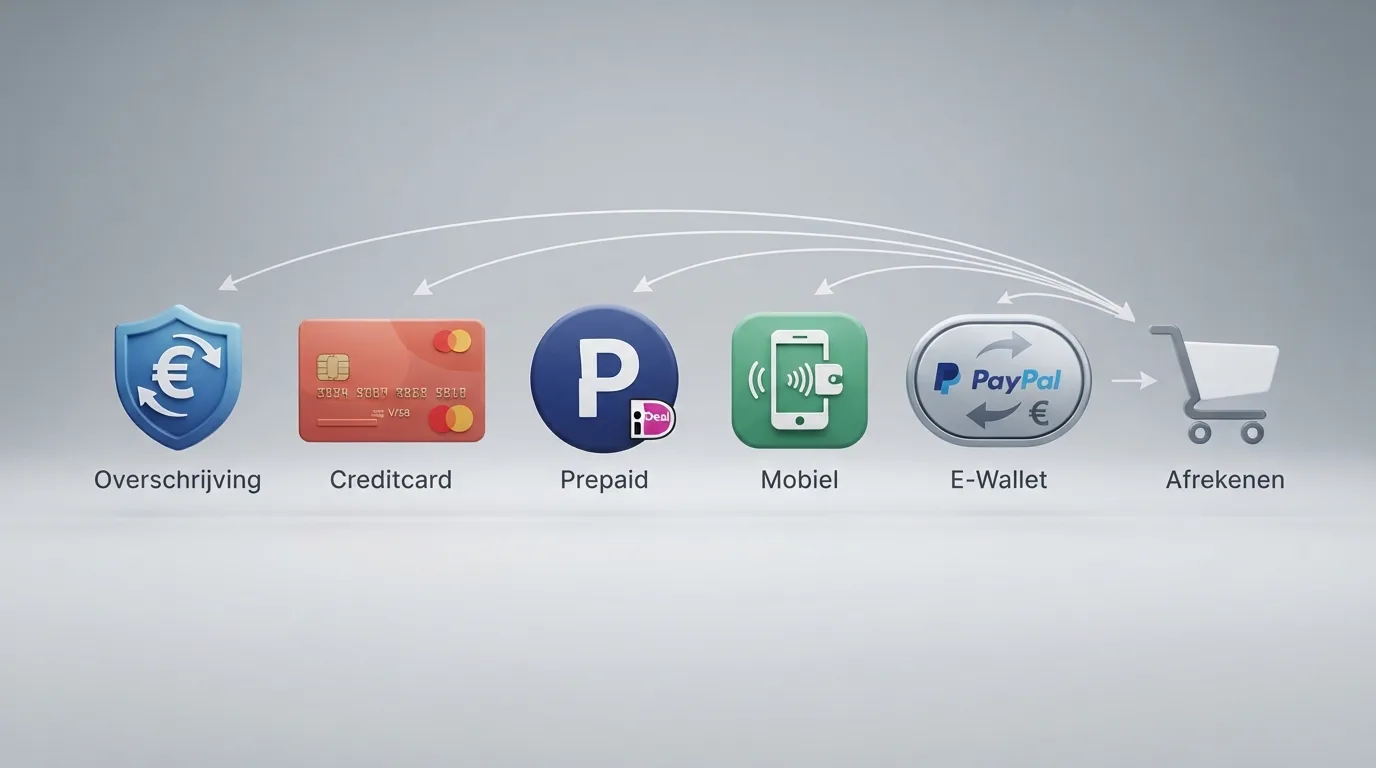 Een rij betaaliconen — iDEAL, PayPal, Visa, Mastercard, Paysafecard — met pijlen die naar een casino-stortingspagina wijzen.