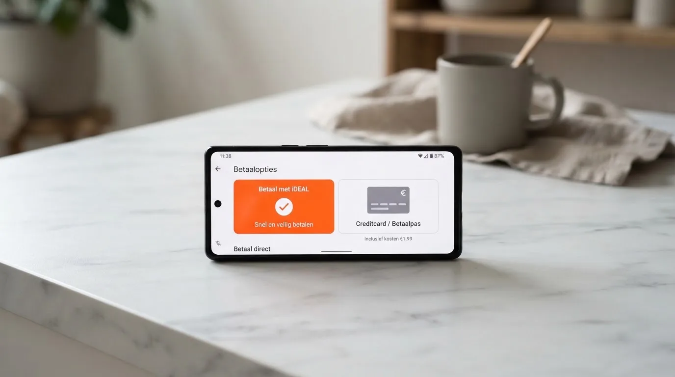 Twee betalingsopties op een telefoonscherm: iDEAL en een creditcard