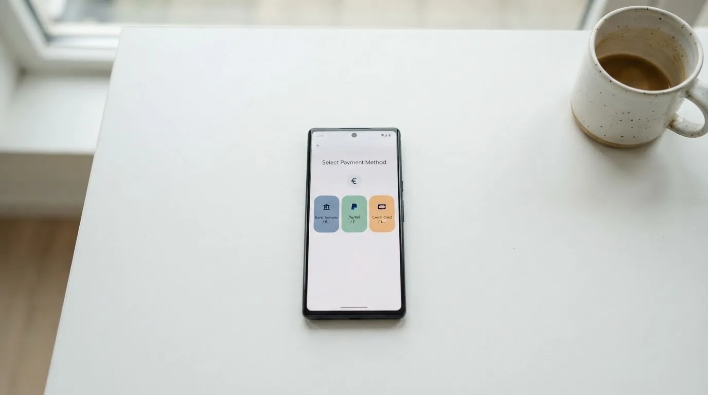Drie betaalopties naast elkaar op een telefoon: iDEAL, Trustly en PayPal
