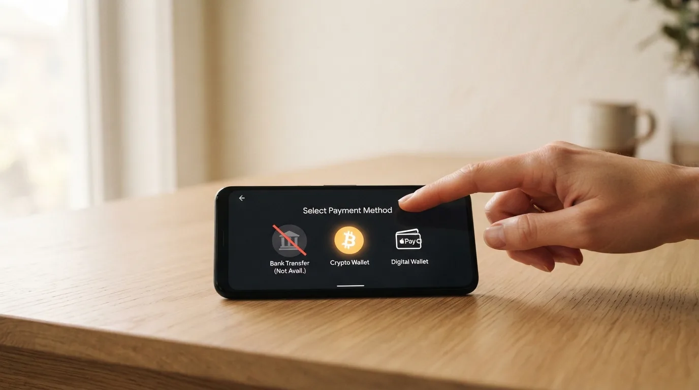 Een betaalscherm met iDEAL, crypto en e-wallets naast elkaar, waarvan iDEAL is doorgestreept