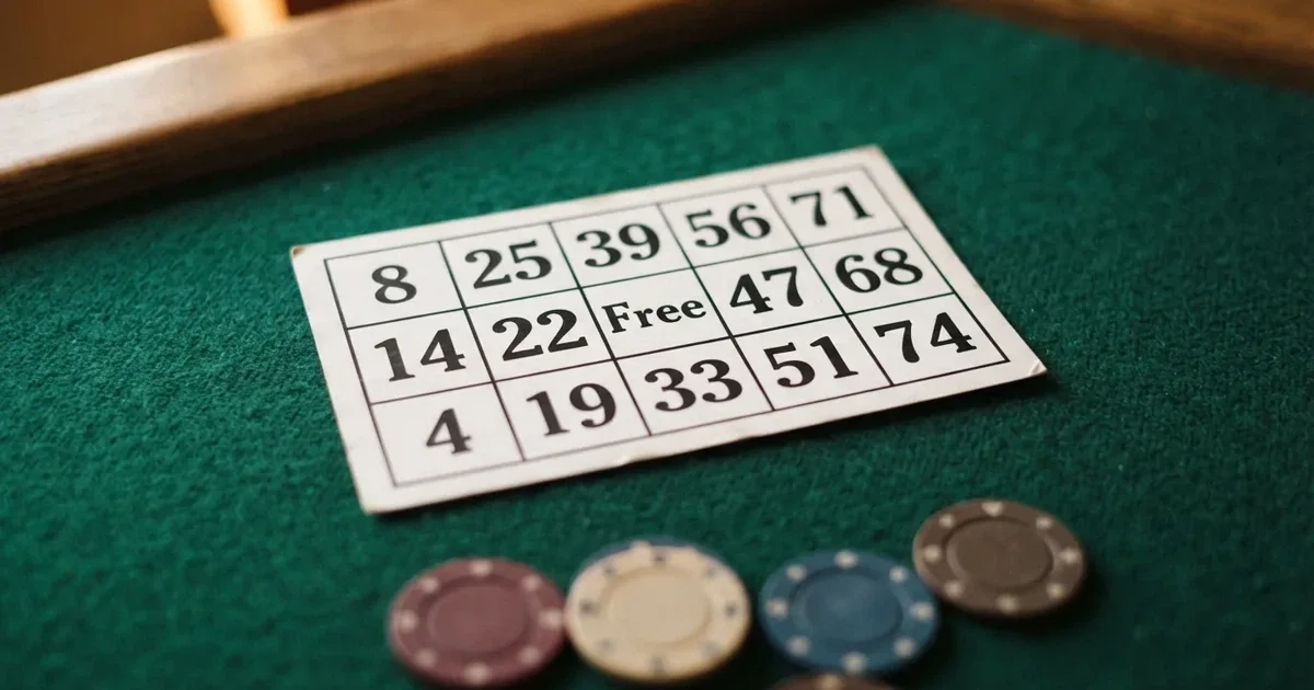 Een bingokaart met drie rijen, negen kolommen en vijftien genummerde vakjes, klaar voor een ronde