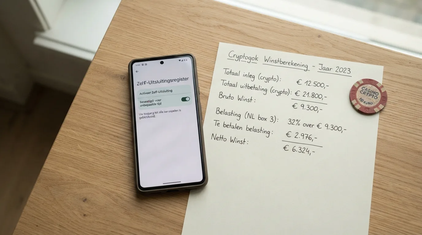 Een smartphone toont het Cruks-logo en een belastingformulier naast een Bitcoin-symbool