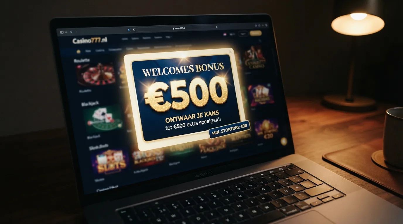Een close-up van een welkomstbonus-popup op een casinoscherm, met het bonusbedrag uitgelicht en het minimale stortingsbedrag in een hoek.