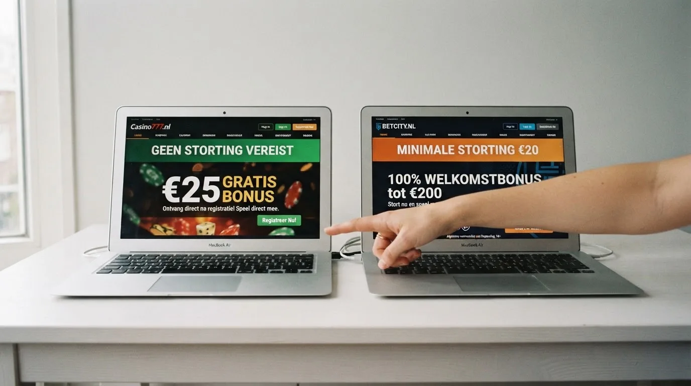 Twee naast elkaar geplaatste casino-bonusschermen: links een aanbieder met “geen storting vereist”, rechts een met “minimale storting €20”