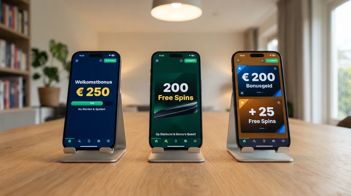 Drie smartphones naast elkaar met elk een andere casino app open op de welkomstbonus-pagina, met verschillende bonusbedragen zichtbaar