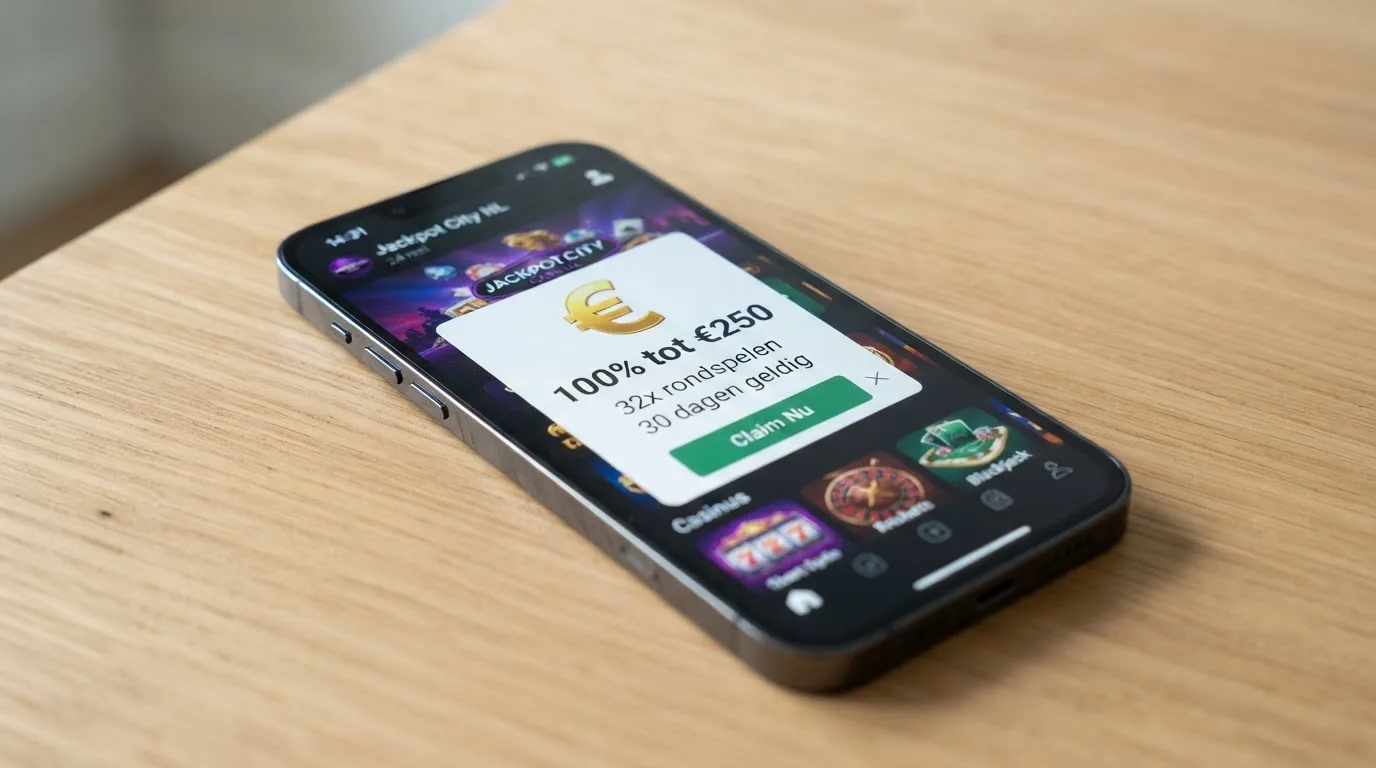 Een close-up van een iPhone-scherm met een welkomstbonus-popup, met daarop het bonusbedrag, de rondspeelvoorwaarde en de geldigheidsduur uitgelicht.