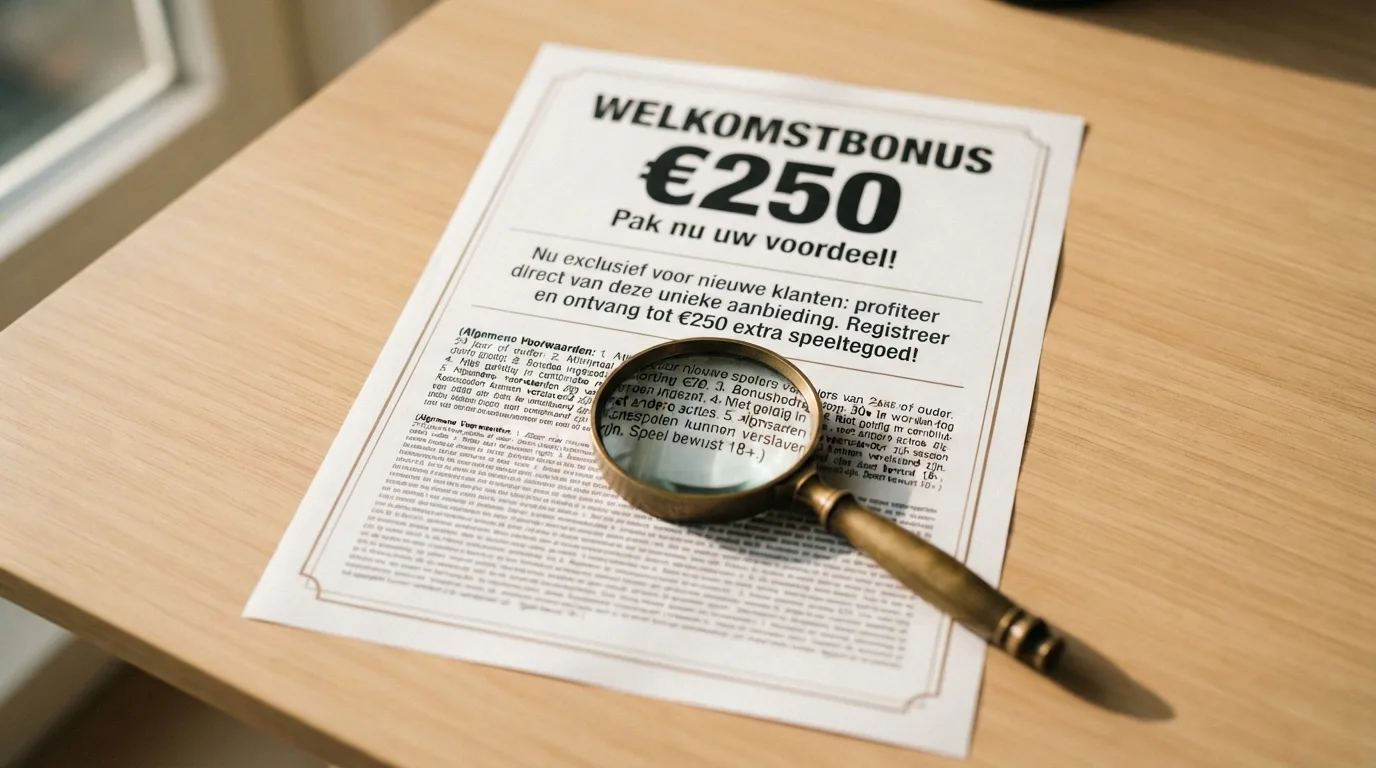Een welkomstbonus-aankondiging met een vergrootglas dat inzoomt op de kleine letters onderaan de pagina