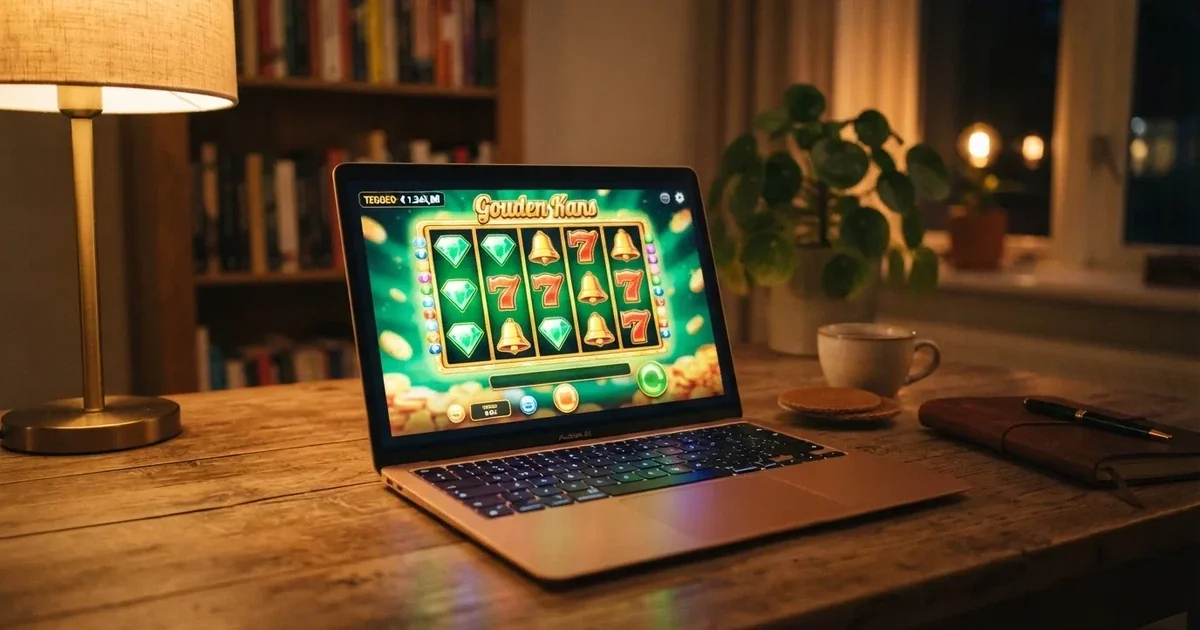 Een open laptop toont een Nederlands online casino met demo gokkasten, virtuele credits zichtbaar in de hoek van het scherm