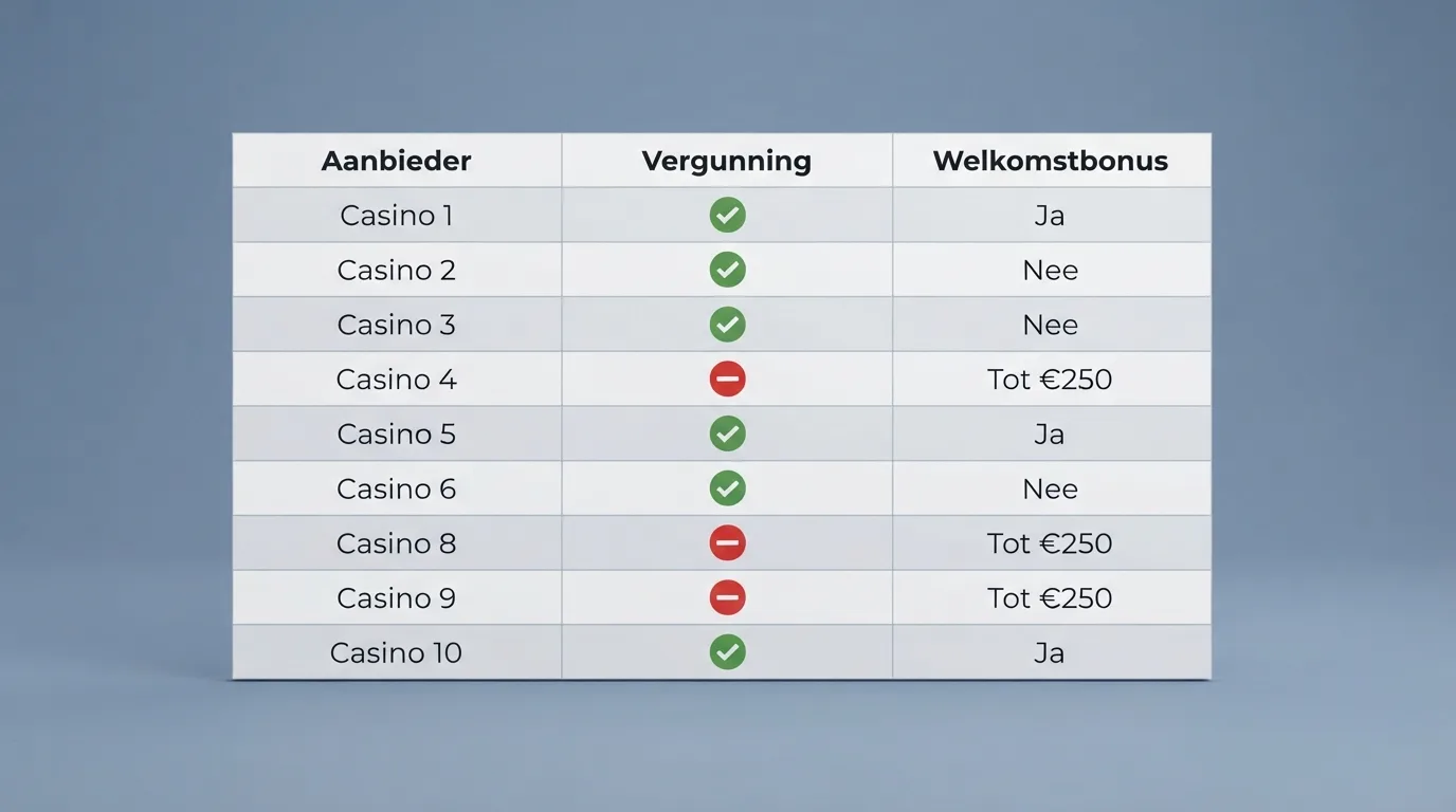 Vergelijkingstabel met tien casino's en kolommen voor vergunning en welkomstbonus