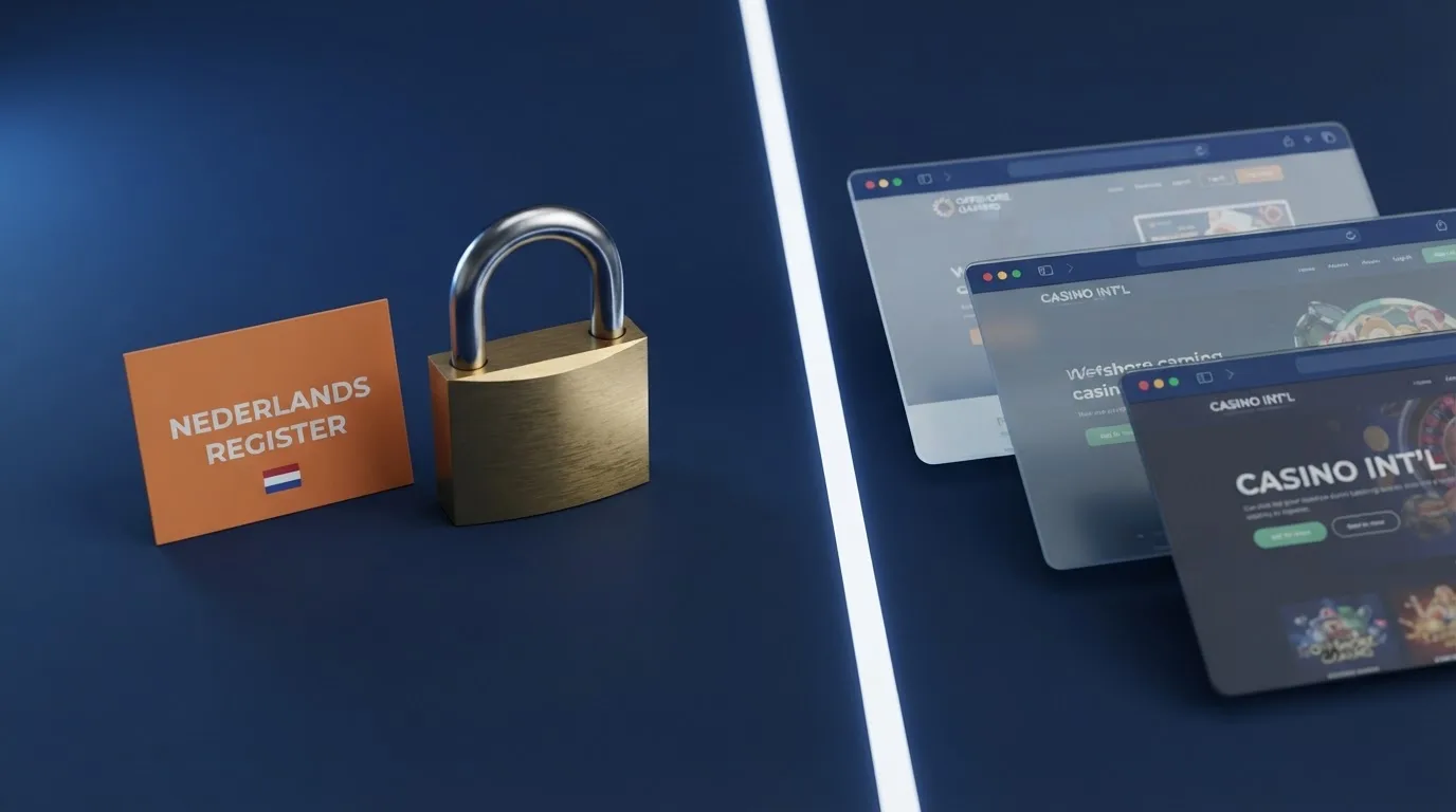 Een slot en een Nederlandse kaart naast buitenlandse casino-websites, gescheiden door een grens