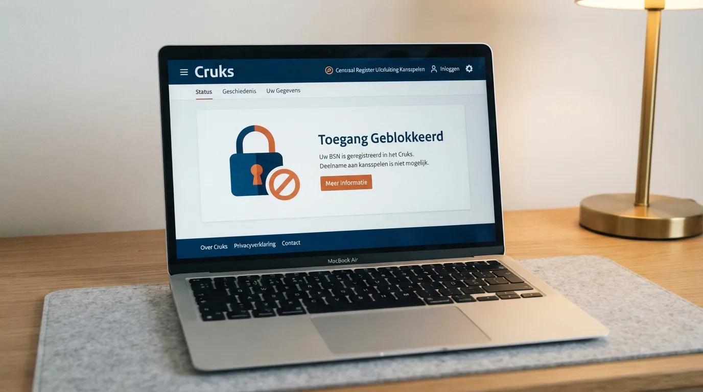 Een scherm toont de interface van een digitaal uitsluitingsregister met een slot-icoon en Nederlandse overheidshuisstijl; op de voorgrond het woord “Cruks” in een interfacevenster.