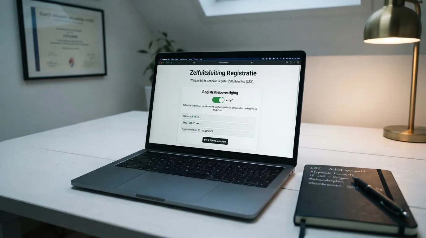 Scherm van het Cruks-register met een zelfuitsluiting, naast een Ksa-vergunningdocument
