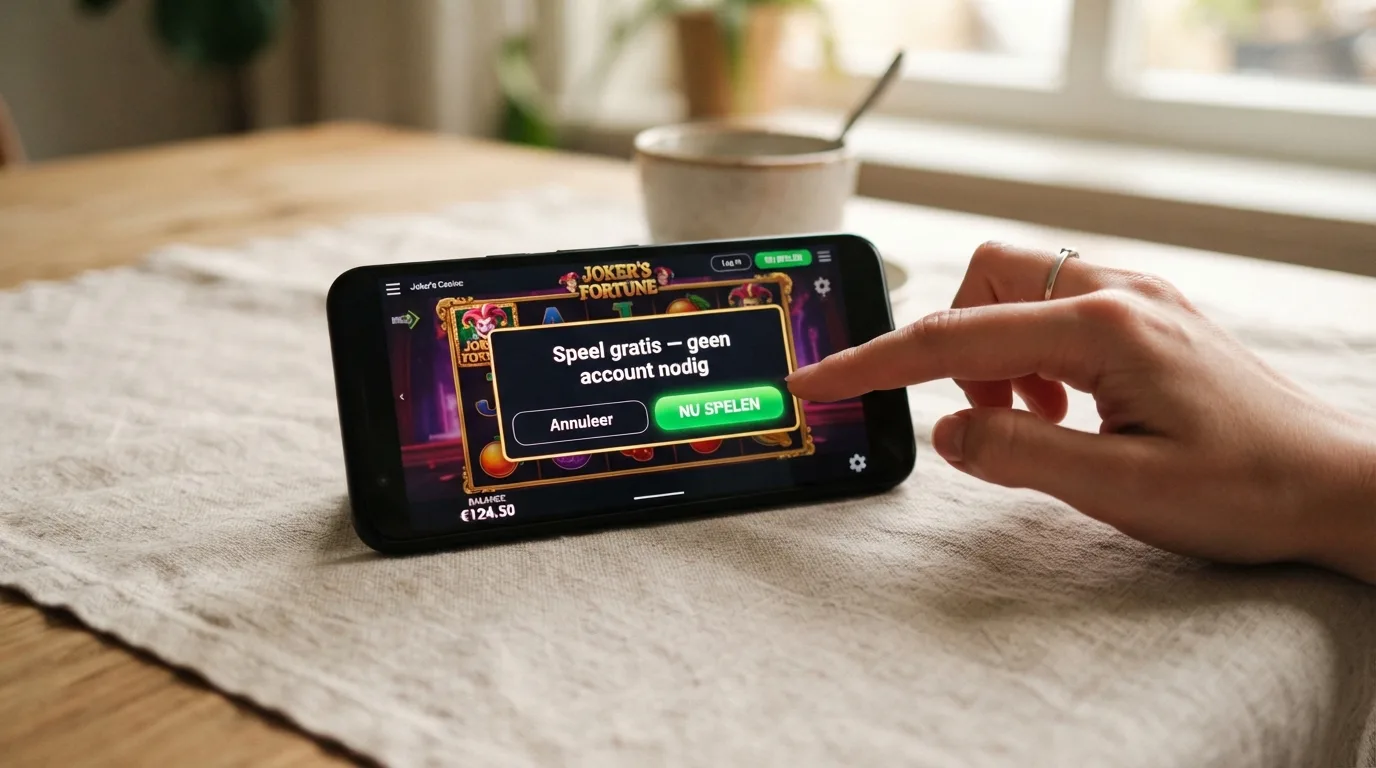 Een smartphone-scherm toont een demo slot met een pop-up “Speel gratis — geen account nodig” in het Nederlands