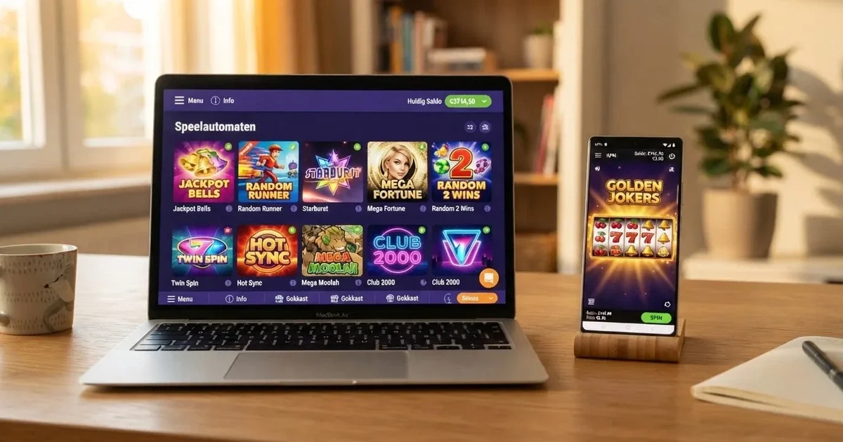 Een laptop en smartphone met op beide schermen kleurrijke gratis casinospellen in demo-modus, zonder registratiescherm of inlogveld
