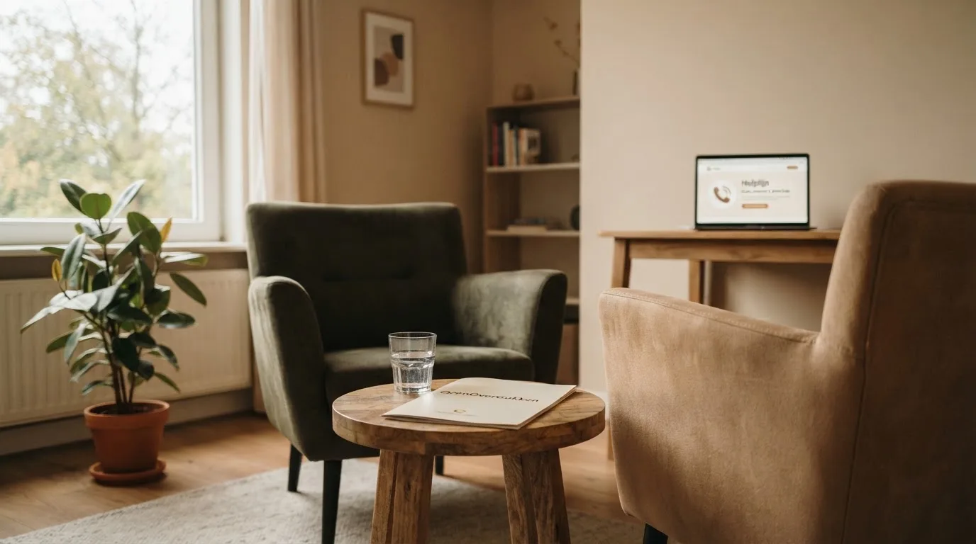 Een neutraal ingericht gesprekslokaal of telefoon-hulplijn-setting met het logo van OpenOverGokken zichtbaar op een brochure of computerscherm.