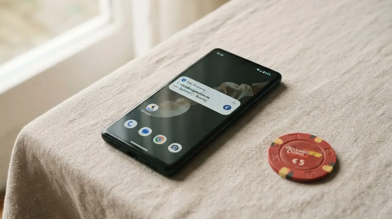 Bank-app op een telefoon naast een bevestiging van een casino-uitbetaling via bankoverschrijving