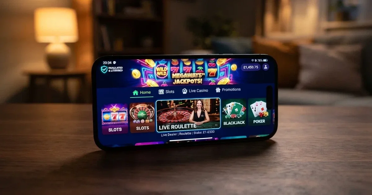 Een iPhone met daarop het startscherm van een Nederlandse casino-app met gokkasten, een live casino-lobby en het Ksa-keurmerk in beeld.